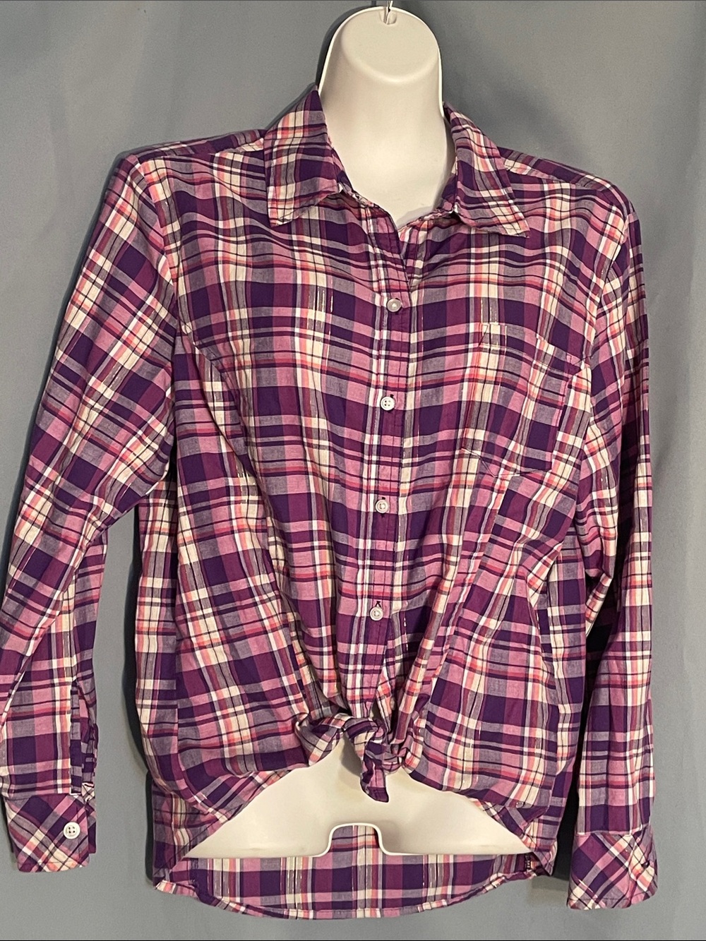 Riders by Lee Purple and Pink Plaid Button-Down Tie-Front Shirt